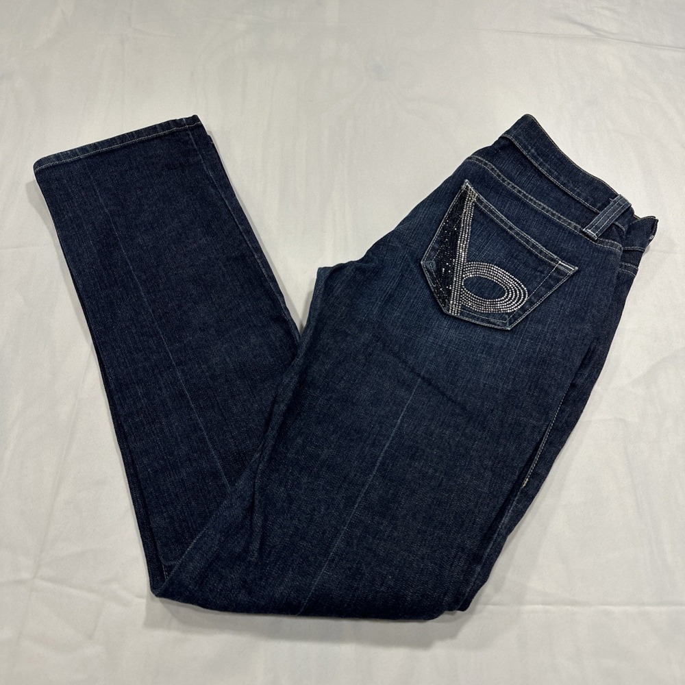Bebe Jeans Blue Women Straight Low Rise Rhinestone Bling Made In USA Y2K Vtg